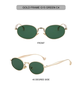Detail view of oval sunglasses with gold metal frame and G15 green lenses