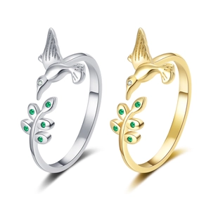 Bague Ouverte Ajustable Feuille De Colibri En Cuivre Avec Zircone Cubique Verte Bijoux Mode Animal Pour Femmes