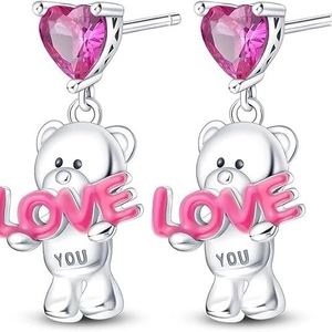 Cute Bear Stud Earrings For Women With Pink Heart Zircon Animal Jewelry LOVE YOU Engraved Silver Earring Post