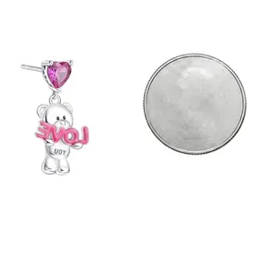 S925 sterling silver bear stud earrings with colorful cubic zirconia and size comparison