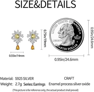 Size chart for silver daisy earrings with measurements 19mm by 14mm next to a coin