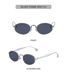 Detailed close-up of oval silver metal frame sunglasses with grey lenses in two views