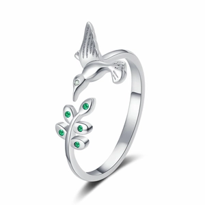 Bague ajustable colibri et feuilles en pierres vertes avec finition argentée chic