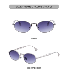 Detailed view of silver oval sunglasses with purple gradient lenses and slim metal temples