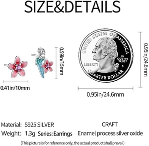 Detailed size chart of S925 silver cherry blossom and parrot stud earrings with coin reference