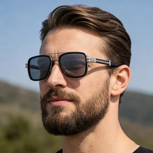Side view of men's square aviator sunglasses with silver double bridge in outdoor setting