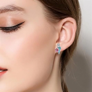 Elegant parrot and cherry blossom earrings with blue enamel and pink crystals for women