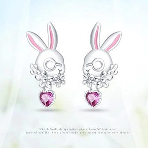 Boucles D'oreilles Puces Lapin Coeur Pour Femmes Filles Cuivre Avec Zircon Et Tige En Argent Émail Rose Fleur Bijoux