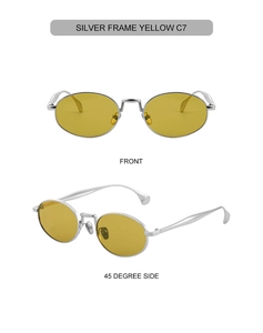 Front and 45-degree side views of silver oval sunglasses with yellow lenses