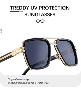 Détail de lunettes de soleil carrées polarisées avec double pont et accents dorés