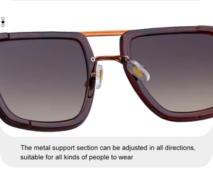Detail of adjustable metal nose pads and tortoise shell frame with gradient brown lenses