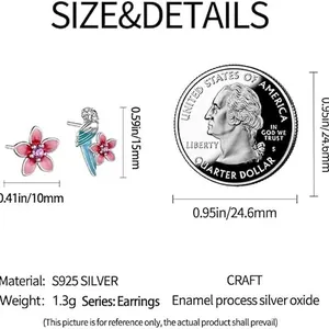 S925 silver asymmetric cherry blossom and parrot stud earrings with size measurements