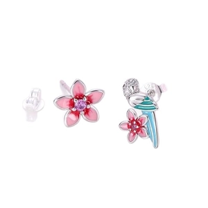 Asymmetric S925 silver cherry blossom earrings with pink gemstone and enamel bird