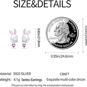 Boucles d'oreilles lapin en argent S925 avec zircon cœur rose et guide de taille