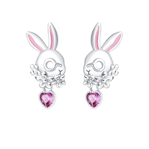 Boucles d'oreilles lapin en argent avec pendentifs en zircon rose en forme de cœur