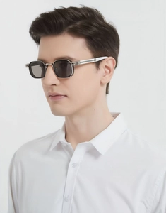 Detailed side view of punk square sunglasses featuring metallic industrial temple joints