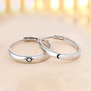 Adjustable S925 silver sun and moon couple rings with I Love You engraving