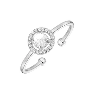 Silver halo open ring featuring a round white opal centerpiece and pavé cubic zirconia