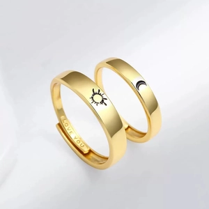 Minimalist adjustable gold plated sun and moon couple rings with I Love You engraving
