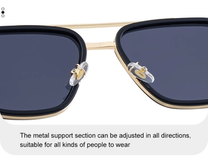 Détail macro des plaquettes de nez réglables et du pont en métal doré de lunettes de soleil