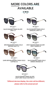 Detailed catalog showing seven color options for square double-bridge sunglasses