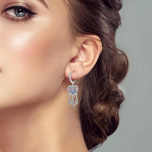 Boucles d'oreilles attrape-rêves cœur en zircon arc-en-ciel avec plumes en argent