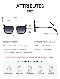 Detailed size chart for square frame aviator sunglasses showing frame dimensions and fit