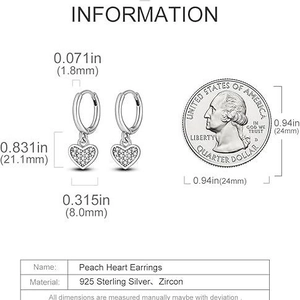 Exquisite 925 sterling silver heart hoop earrings with dimensions and size reference
