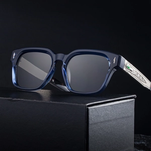 Retro square sunglasses with navy acetate frame and ornate silver engraved temples
