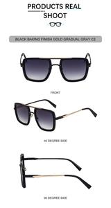 Detailed views of square black and gold sunglasses with gradient grey lenses and metal bridge