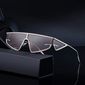 Futuristic cat-eye sunglasses with silver geometric hollow frame and black folding case