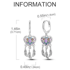 Boucles d'oreilles attrape-rêves avec zircons multicolores et pendentifs plumes fins