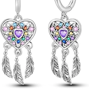 Boucles d'oreilles cœur attrape-rêves arc-en-ciel avec zircon et plumes d'argent