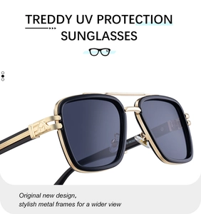 Macro detail of gold metal frame and embossed logo on black square sunglasses