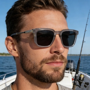 Homme portant des lunettes de soleil carrées polarisées avec monture grise en bord de mer