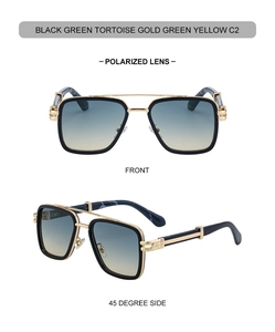 Détails de lunettes de soleil carrées polarisées avec double pont doré et verres dégradés