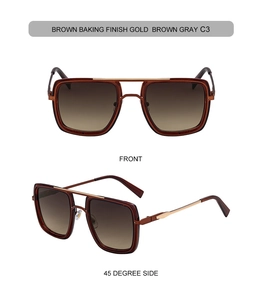 Front and 45-degree side views of square sunglasses with gold double bridge and brown frames
