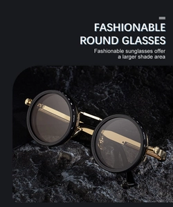 Steampunk round sunglasses featuring gold spring temple detail on textured black rock