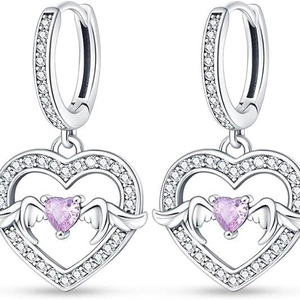 Silver winged heart earrings with pink zircon stone and sparkling crystal pave