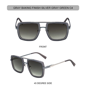 Silver gray green square sunglasses with dual bridge and gray baking finish detail