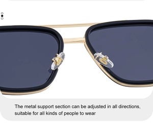 Detail of adjustable metal nose pads and silicone cushions on square pilot sunglasses