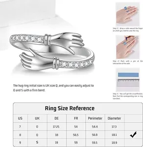 Ring size guide showing US, UK, DE, FR measurements for adjustable hug ring with pavé diamonds