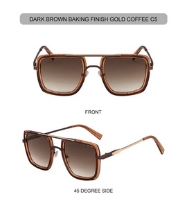 Front and side view of square dark brown baking finish sunglasses with gold double bridge