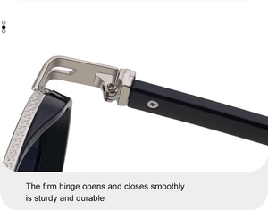 Detail of square sunglasses with metal hinge and textured frame design for durability