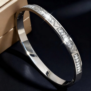 Bracciale Rigido In Acciaio Inossidabile Da Donna Zirconia Cubica Cuore Trifoglio Motivo Geometrico Elegante Gioielli