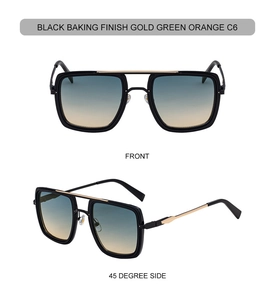 Detail of square sunglasses with black frame and blue-orange gradient lenses