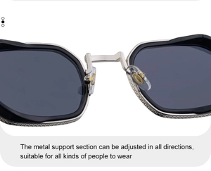 Detail of adjustable metal nose pads and bridge on square punk style sunglasses