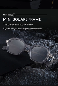 Detail of square polarized sunglasses featuring grey translucent frame on rock background