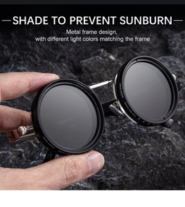 Macro detail of retro round polarized sunglasses featuring ND adjustable metal frame