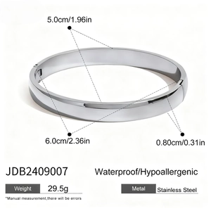 Polished stainless steel 8mm bangle bracelet showing dimensions and waterproof features